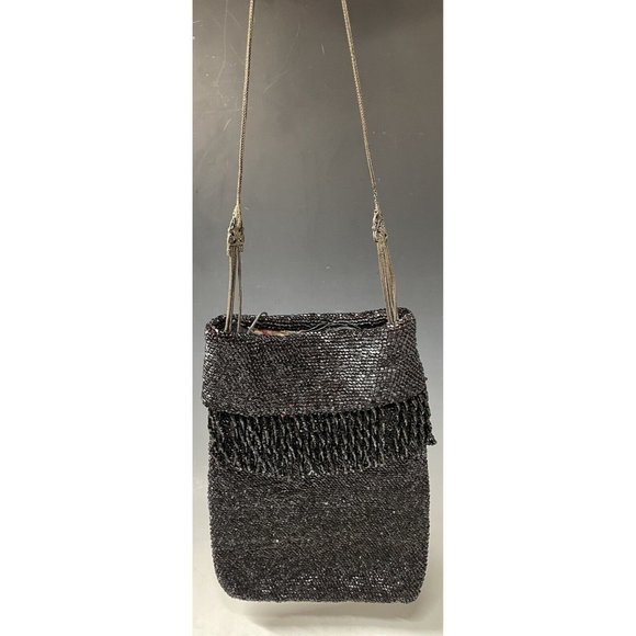 Antique Vintage 20th C.  Dark Black Red Beaded Flapper Art Deco Glass Purse Bag - Picture 4 of 16